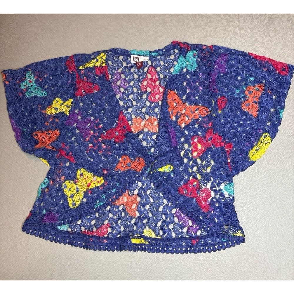 Girls small (6/6x) l.e.i. Blue Butterfly Crochet Kimono Cardigan Sweater EUC